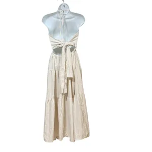 Womens Cream Halter Neck Open Back Tiered Maxi Dress Small Boho Beach Vacation thumbnail 4