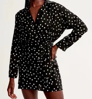 Abercrombie & Fitch Black Polka Dot Long Sleeve Wrap Mini Dress XS Tall thumbnail 1
