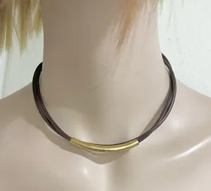 LUCKY BRAND Dark Brown Double Leather With Gold Bar Choker Necklace thumbnail 3
