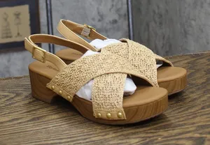 NWT Style & Co. Wood Criss Cross Heeled Sandals Creme Off White / Tan Brown 5M thumbnail 1