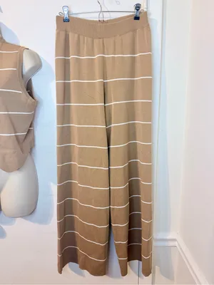 LA DIOSA L Khaki Stripe Knit Vest & Wide Leg Pants Set Gold Buttons NWT thumbnail 4