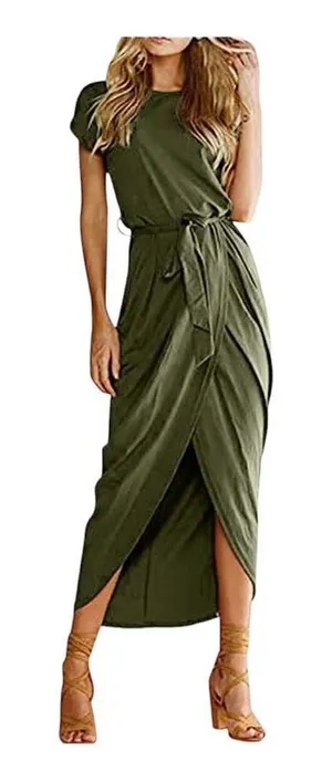 NWT Womens Qearal Ruched Army Green Short Sleeved Maxi Dress - Sz S thumbnail 1