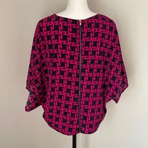 Alya Women's Geometric Dolman‎ Short Sleeve Blouse Top Zip Back Pink Black Small thumbnail 4