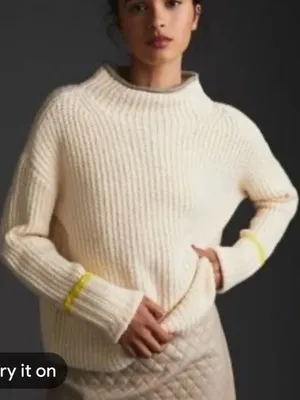 Maeve Anthropologie Contrast Trim Mock Neck Ribbed Sweater M Ivory thumbnail 1