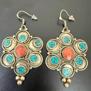 Vintage Silver-tone Turquoise & Coral Tibetan Style Flower Dangle Earrings 22g. thumbnail 2