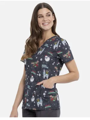 Cherokee Women's Sz Large Merry Whatever Scrub Top Gray V-Neck Holiday Christmas thumbnail 1