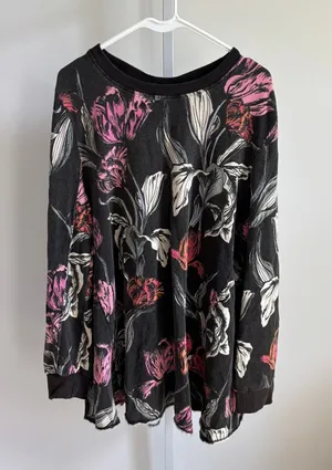 Free People EUC Women's 100% Cotton Brown Floral Knit Tunic Top Size L thumbnail 1