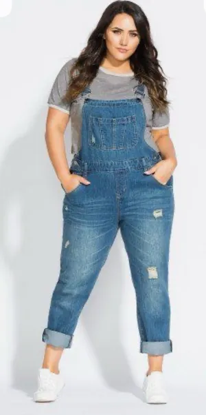 City Chic Mid Wash Distressed Denim Overalls Sz S/16 New without tags thumbnail 1