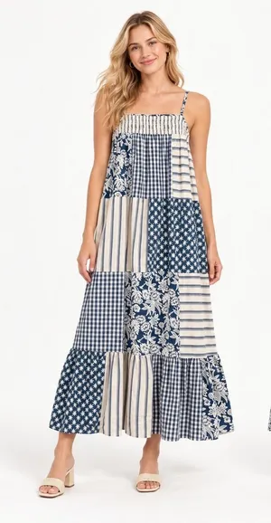 Universal Thread Womens 1X Blue White Patchwork Gingham Smocked Maxi Midi Dress thumbnail 1