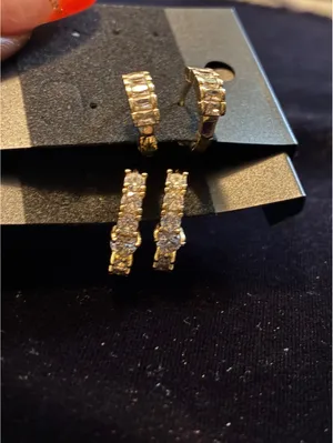Gold tone CZ Huggie Hoops | Baguette + Round Crystals thumbnail 4