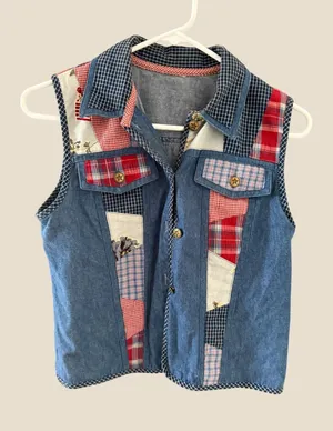 Vintage Patchwork Denim Vest Blue Red Plaid Floral Star Button Cottagecore Top thumbnail 1