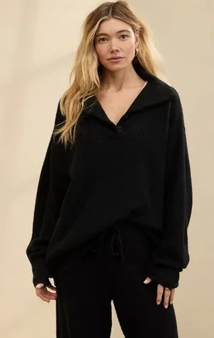Aerie Women's Black Waffle Knit Button Mock Neck Sweater Size S‎ thumbnail 1