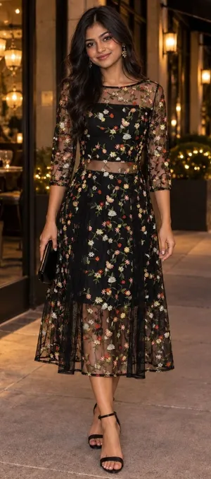 Lucy Paris Black Floral Embroidered Mesh Dress Sheer Overlay Romantic Size S thumbnail 1