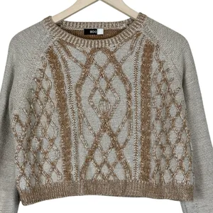 BDG Cable Knit Diamond Pattern Cropped Sweater Tan Cream Boho Cozy Size S thumbnail 3