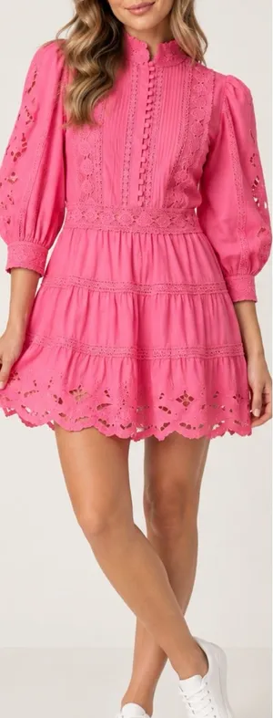 Alice + Olivia Clark Pink Embroidered Crochet Lace Tiered Mini Dress thumbnail 1