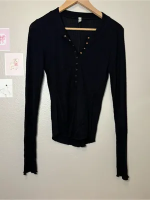 Free people bohochic Black LongSleeve Waffle Henley Top casual fall dark coquett thumbnail 4