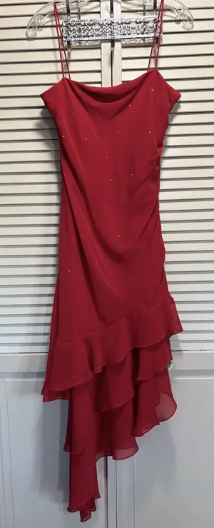 Let's Fashion Red Chiffon Asymmetrical Rhinestones Long Formal Gown Size S Lined thumbnail 1