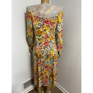 Leslie Fay Vintage Floral Midi Dress Petite 12 Scalloped Sheer Collar Rayon Pink thumbnail 5