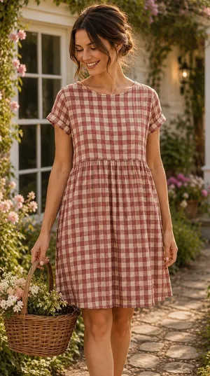 Shabby Apple Kai Womens Pink Gingham Cotton Linen‎ Fit & Flare Dress Large thumbnail 1