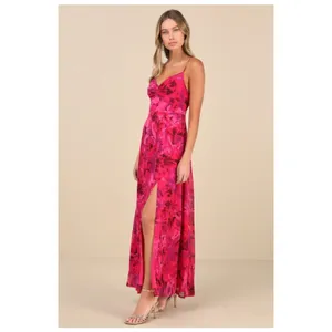 NWT Lulus Beautiful Soul Fuchsia Floral Twist-Front Maxi Dress Cruise Size S thumbnail 7
