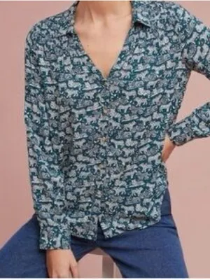 Anthropologie Maeve Tiger Animal Print Button V-Neck Woven Rayon Blouse Size 6 thumbnail 1