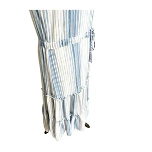 MISA Los Angeles Medium Aleja Stripe Print Linen Midi Dress White Blue Tassel thumbnail 7