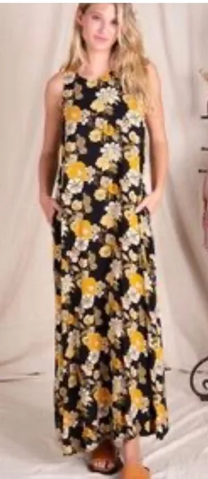 Natural Life Floral Maxi Dress XS S Black Yellow Flowers‎ Garden Long Sleeveless thumbnail 1