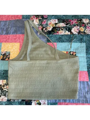 American Eagle Cropped One-Shoulder Olive Green Smocked Crop Top Woman’s Medium thumbnail 3