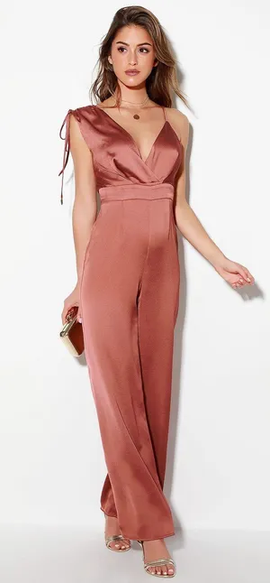 Lulu’s NWT Satin Asymmetrical Jumpsuit Rusty Rose Large thumbnail 1