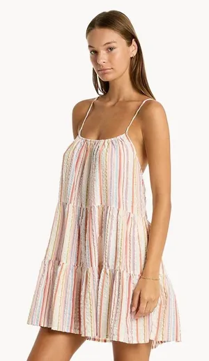 Anthropologie dRA Women Cotton Mini Dress Striped‎ Metallic Tiered Babydoll Boho thumbnail 1