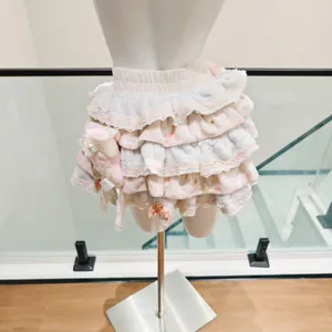 Women Sweet Fluffy Tiered Mini Skirt Elastic Waist Ruffled Lace Trim Plush Bow Pom Pom Decor Kawaii Cute A‑Line Short Skirt For Cosplay Daily thumbnail 4