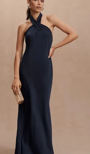 BHLDN Anthropologie Ruby Twist Halter Satin Maxi Gown Navy Blue Size 0 / XS thumbnail 1