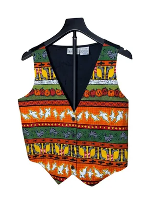 Basic Editions Vintage Halloween Vest Black Cats Ghosts Pumpkins‎ Womens Medium thumbnail 1
