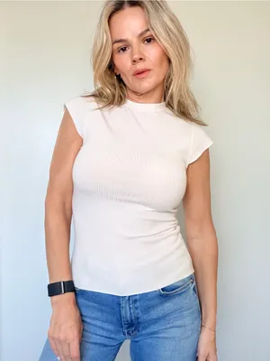 Reformation White Ribbed Cap-Sleeve Mock Neck Tank thumbnail 3