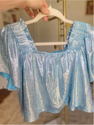 Queen of Sparkles Metallic Crop Top Blue Puff Sleeve XS Festival Party Glam Boho thumbnail 4