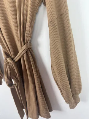 NWT Cupshe Belted Bishop Sleeve Rib Knit Mini Dress Brown Tan Size Medium M NEW thumbnail 4