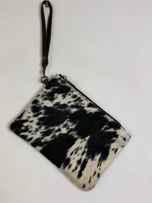 Genuine Cowhide Hair On Hide Wristlet Clutch Black White Western Boho NWOT NEW thumbnail 2