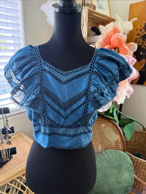 Free People Blue Cropped Flutter Sleeve Backless Boho Hippie Femme Peasant Top thumbnail 1