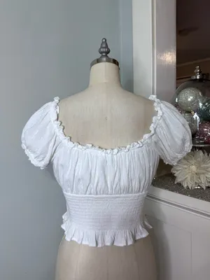 Hollister White Crop Top Puff Sleeves Smocked Ruffled Square Neckline Large thumbnail 6