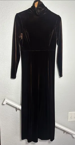 Vintage Moda Brown Velvet Long Sleeve Maxi Dress Chic 70s Mod Classic Goth Fall thumbnail 1