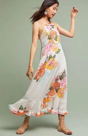 Anthropologie‎ FARM RIO Havana Floral Dress Midi Pom Poms Vacation Large Petite thumbnail 1