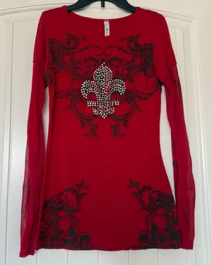 Y2K Gothic Rhinestone Fleur-de-Lis Mesh Sleeve Top ❤️ Red & Black Baroque | Mi Manchi Small thumbnail 2