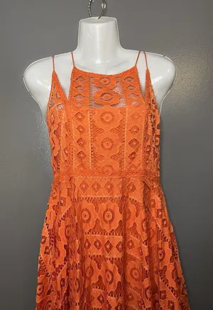 Free People Dress Womens 4 Orange Lace Halter Fit & Flare Short Boho Sundress thumbnail 1