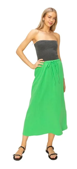 HYFVE Women’s Green Linen Blend Midi Skirt Drawstring Elastic Waist Flowy Casual thumbnail 1