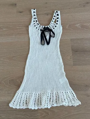 White Fox Crochet Mini Dress Everything I Do Size M Beige Black thumbnail 1