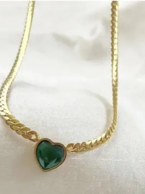 18K Gold Plated Green Heart snake chain Necklace Stainless Steel womens jewelry thumbnail 9