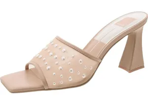 NEW Dolce Vita Pearl Mesh Flare Heeled Dress Sandals Blush Mesh Brown 6M thumbnail 1