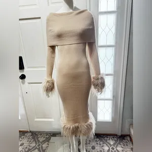 JOLLYA Off-Shoulder Cream Knit Dress with Feather Trim Size M/L P-36 thumbnail 3