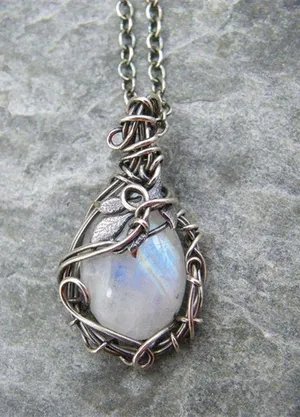 White Rainbow Moonstone Gemstone Silver Vintage Style Necklace- Pendant thumbnail 1