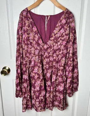 Free People Mauve Keep You Floral Smocked V Neck Mini Dress Berry Combo S thumbnail 2